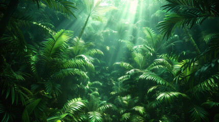 Sunlight filtering through lush green foliage in a dense forest, creating a serene and tranquil atmosphere.