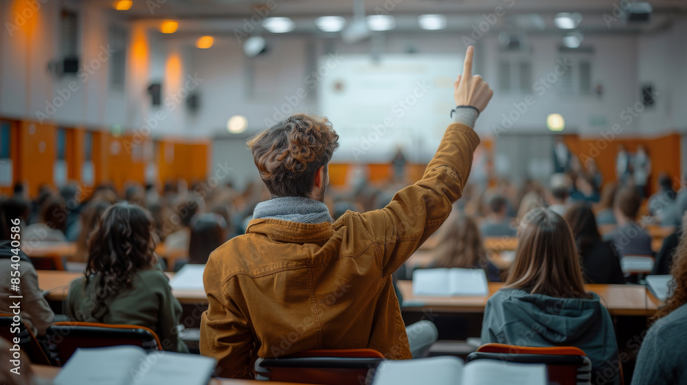 Poster A student raises their hand to ask a question during a lecture in a large classroom.