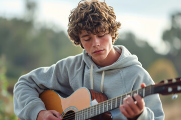 Teen Boy Playing Acoustic Guitar Outdoors - Music and Serenity