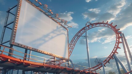Billboard with a Roller Coaster: A blank billboard near a roller coaster, with tracks and thrill-seekers.