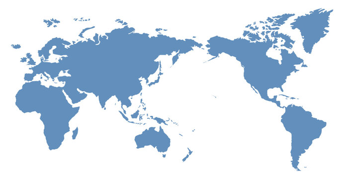 Blue and white Asia and Oceania centered world map. Flat vector illustration