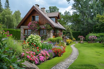 A charming cottage nestled in the heart of a lush green garden, surrounded by vibrant flowers and a manicured lawn. Generative AI