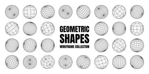 Wireframe shapes, lined sphere. Perspective mesh, 3d grid. Low poly geometric elements. Retro futuristic design elements, y2k, vaporwave and synthwave style. Vector illustration