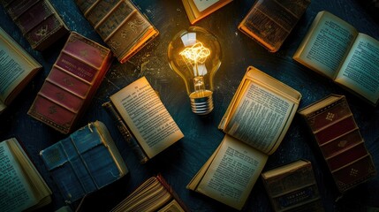 Conceptual light bulb with books surrounding it