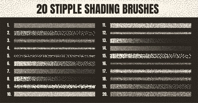 Stipple scatter brush, ink drawing and texturing. Fading gradient. Stippling, dotwork drawing, shading using dots. Halftone disintegration effect. White noise grainy texture. Vector illustration