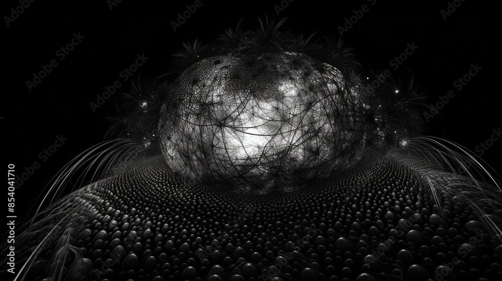 Poster Abstract dark background with light fractal ornament of moody web and particles.
