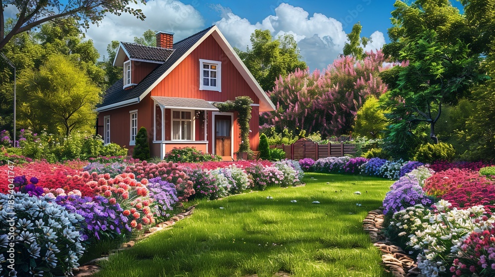 Aufkleber a vibrant painting of a red cottage nestled amongst a colorful array of blooming flowers in a lush g
