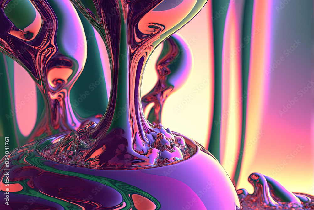 Poster Abstract background with colorful fractals. Surreal composition with fluid waves of liquid metal.