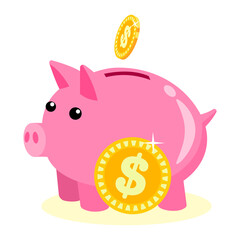 Pink piggy bank with shiny gold coin, savings concept, financial planning and money growth for investment and budget management isolated on white background