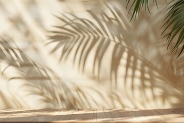 Obraz premium Advertising background with soft palm tree shadows. Wall and tabletop are the same delicate, light color