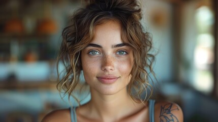 A captivating portrait of a young woman with curly hair and visible tattoos, giving a relaxed and friendly expression