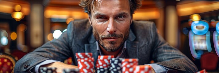 Master of the casino table: Man pushing a tower of chips, showcasing expertise in gambling