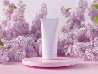 Ai Generated Art Mockup White No Label Product Creme Tube on a Pink  Plate Stand Against Pastel Violet Pink Background with Pink Lilacs in the Background