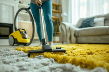 Fototapeta premium Carpet cleaning, long pile, fluffy doormat, dirty rug. Woman hoovering carpet in living room. Cleaning service
