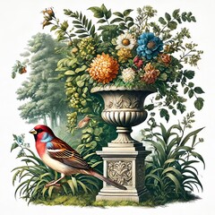 Obraz premium A detailed illustration of a classical garden with a house sparrow on a pedestal
