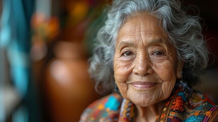 Portrait of an elderly woman with a smiling face and wearing a vibrant, colorful shawl