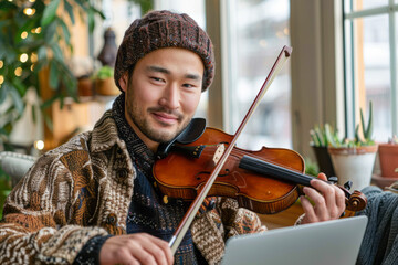 Virtual Virtuoso: College student masters violin through online lessons on laptop