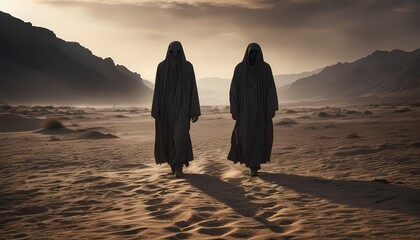 Desert ghost, sunrise in the desert, the black figure of a ghost on the sand turns into sand, a trail of sand and dust. Generative AI, Generative, AI