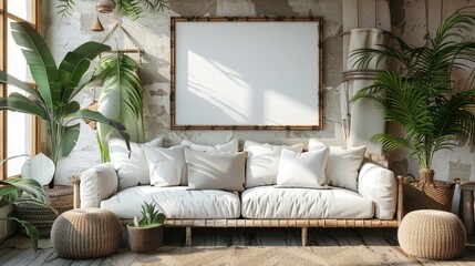 Mock up frame close up in home interior background, Boho style