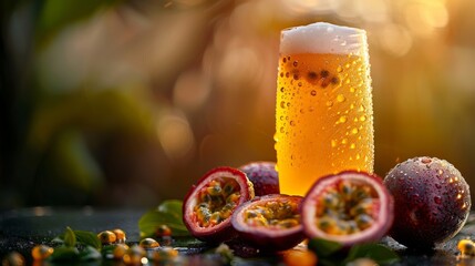 A glass of passion fruit beer with fresh halved passion fruits. Sunny bokeh banner with copy space