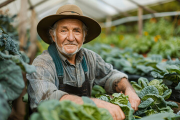 Elderly gardener happily tending to organic greenhouse vegetables: A portrait of joy and sustainability in action