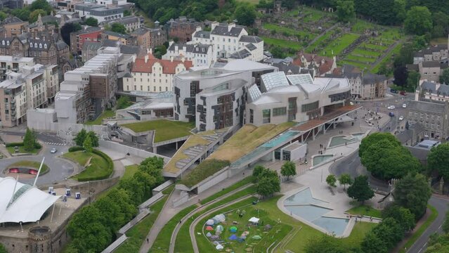 Aerial view of the Scottish Parliament building by architect Enric Miralles in Edinburgh
