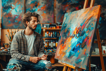 Creative Portrait of Male Artist Painting in Studio: Capturing the Artistic Process in Action