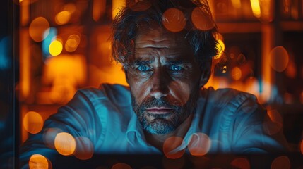 Obraz premium A portrait capturing a man's intense gaze, illuminated by a mysterious blue light with a warm bokeh background