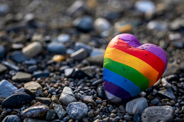 Obraz premium Heart-shaped rock with LGBTQ colors on the ground with gray stones. Symbol of diversity and inclusion