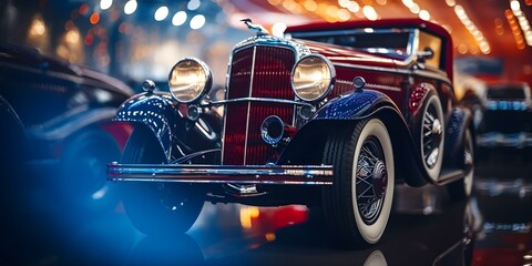 Naklejka premium Classic car with custom chrome grill red and blue lights at show. Concept Car Shows, Classic Cars, Custom Chrome Grill, Red and Blue Lights, Automotive Exhibitions