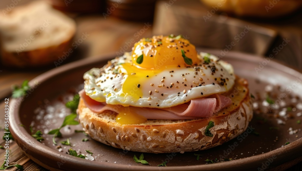 Wall mural A breakfast sandwich with ham and egg on top of a brown plate. Generate AI image