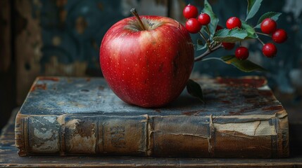A red apple sits atop an old, worn book next to holly berries, a composition blending education and holiday symbolism