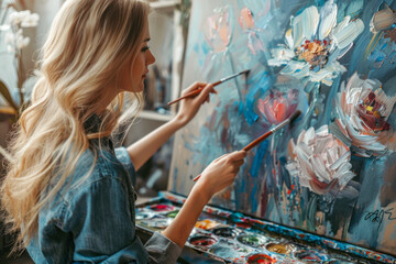 Creative Occupation: Woman Embracing Artistic Hobby by Painting at Home