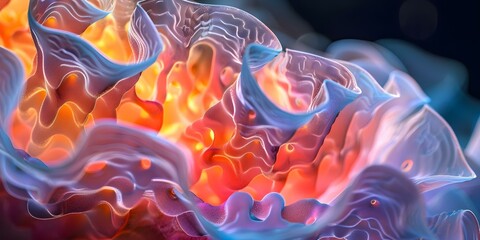 Obraz premium View inside stomach shows illuminated mucosa folds with soft internal glow. Concept Medical imaging, Gastrointestinal system, Illuminated mucosa, Stomach anatomy