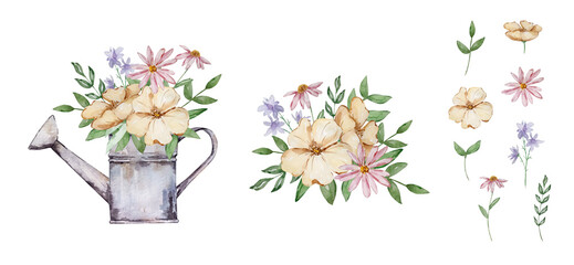 Watercolor watering can with garden flowers set © SvetaArt