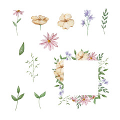 Frame with watercolor garden flowers and leaves