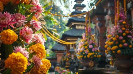 Fototapeta premium Close-up shot of vibrant yellow and pink flowers adorning the entrance of a traditional Balinese temple, creating a beautiful and fragrant atmosphere.