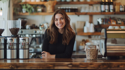 Barista is working in coffee shop, young woman is standing behind the bar counter, making coffee, take away.