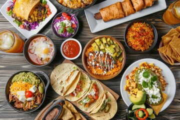 Selection of Mexican food on wood background, top view