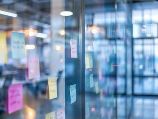 Sticky notes on a glass wall in a modern office with blurred background lights, depicting a collaborative and creative workspace.
