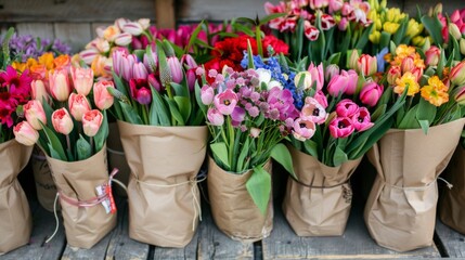 A close-up shot of several colorful flower bouquets wrapped in brown paper, sitting on a wooden surface.