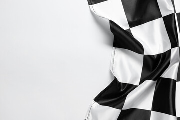 One checkered flag on white background, top view. Space for text