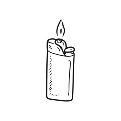 Cigarette lighter with fire in black isolated on white background. Hand drawn vector sketch illustration in doodle engraved vintage line art style. Concept of smoking, heat, fire safety.