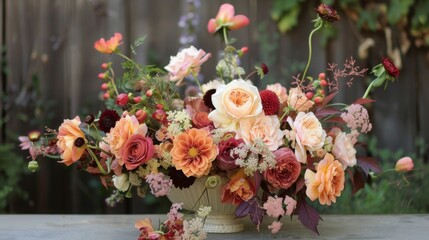 A large, colorful arrangement of autumn flowers in a white vase. The arrangement features roses, dahlias, and other seasonal blooms.
