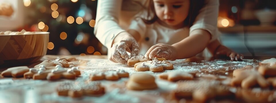 A young girl makes cookies at a table, surrounded by a bowl of icing Christmas tree decorations visible in the background