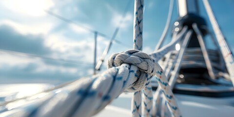 Obraz premium Closeup photo of sailboat mast rigging and equipment on a marine vessel. Concept Sailboat Mast Rigging, Marine Vessel Equipment, Closeup Photography