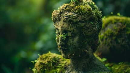 A moss-covered statue in a park, adds a touch of green to the otherwise urban landscape.