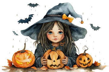 Fototapeta premium Watercolor illustration of a witch, pumpkin, Halloween on a white background. postcard, banner, Design