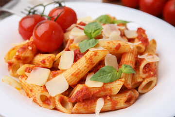 Tasty pasta with tomato sauce, cheese and basil on plate, closeup