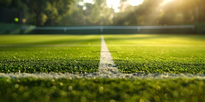 Exciting early morning tennis tournament on freshly cut grass court at club. Concept Tennis Event, Early Morning, Grass Court, Club Tournament, Excitement